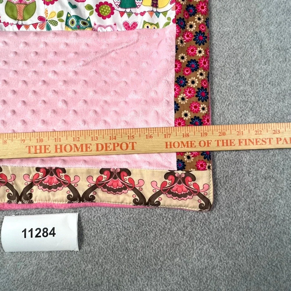 Baby Blanket Pink Minky Dot Owls and Hearts Patchwork Print Lightweight Comfort